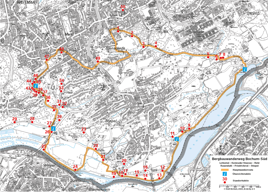 Kartenausschnitt Bergbauwanderweg Bochum-Süd