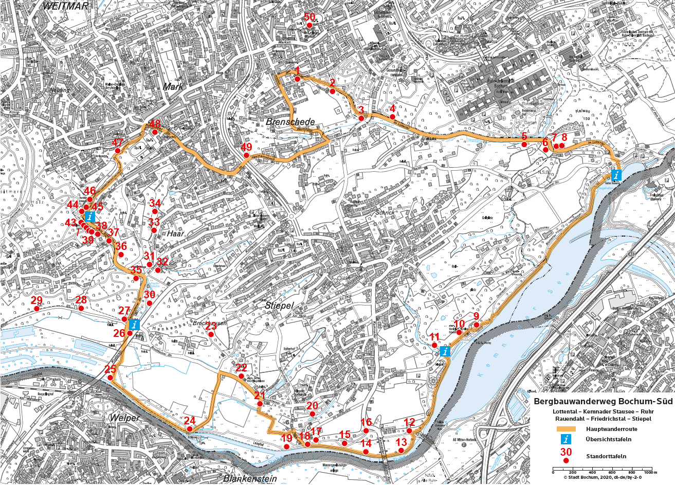 Kartenausschnitt Bergbauwanderweg Bochum-Süd